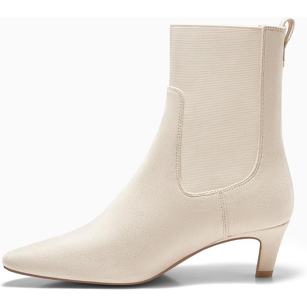 Women's Beige Ankle Low Kitten Heel Pointed Toe Slip On Dressy Winter Booties - Picture 4 of 6